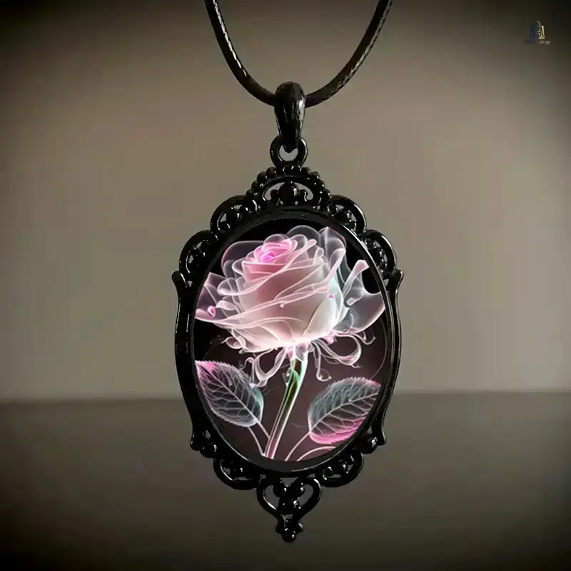 Women's 2026 New Blush Pink Transparent Rose Petal Glass Pendant Necklace, Elegant Flower Pattern Stainless Steel Chain Link Neck Jewelry for Daily, Party Wear