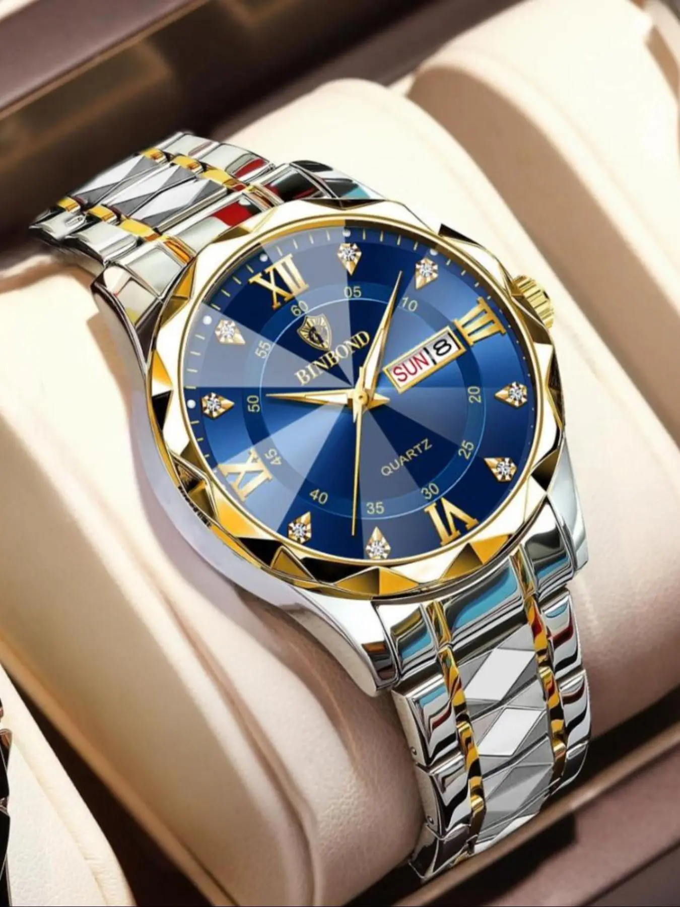 Men's Business Watch, 30m Waterproof Stainless Steel Wristwatch, Quartz, Rhinestone Dial, Luminous Hands, Calendar Date Function, Case, Luminous Analog Watch, Analog Quartz Watches