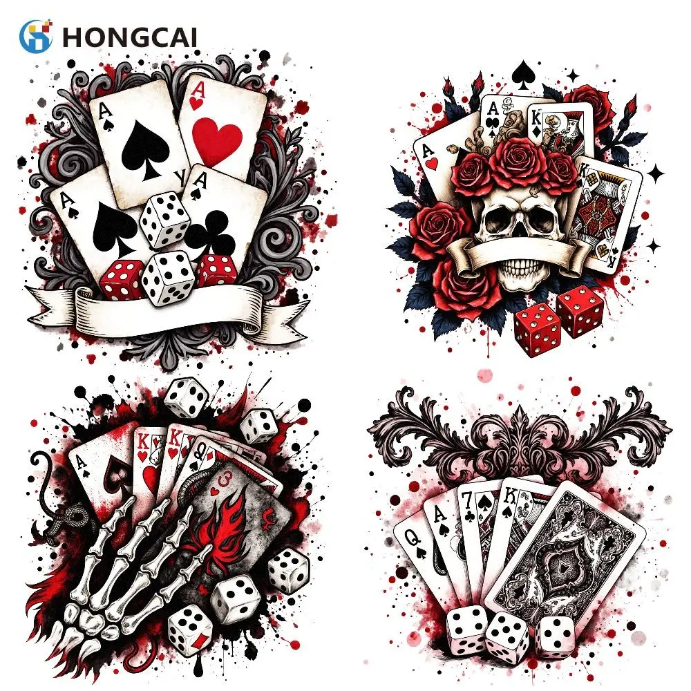 4pcs Dark American Splatter Poker Skull Heat Transfer Stickers, Cool Street Style, Waterproof, Easy Clothes Customization, DIY Accessories