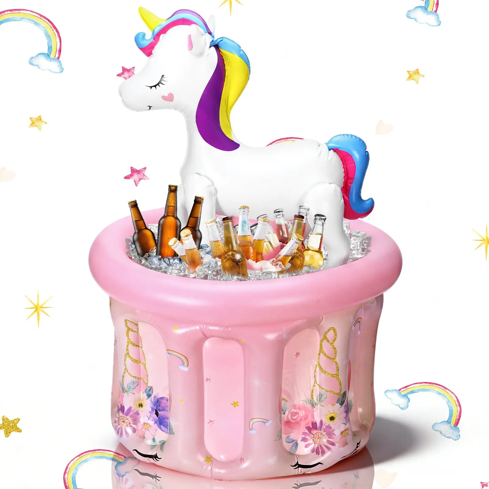 Unicorn Inflatable Cooler Unicorn Party Decoration Inflatable Ice Serving Bar Drink Cooler Animal Reusable Floating Blow Up Pool Drink Holder Food Container for Summer Pool Birthday Party