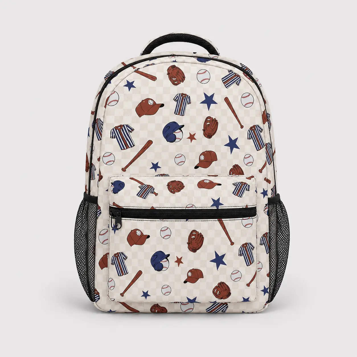 Baseball All-Over Print Polyester Shell Backpack, Sport-Themed Gym Daypack with Front Zipper Pocket, Dual Mesh Side Pockets, Top Handle Grip, Adjustable Straps & Checkerboard Base for School, Game Day, Daily Carry