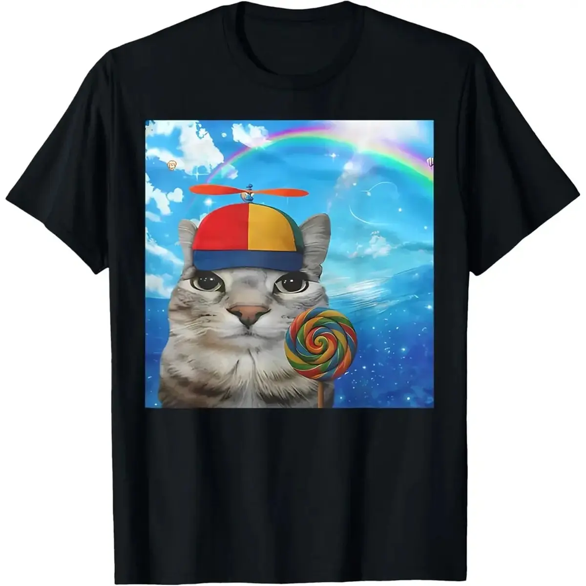 Unisex Short-Sleeve Sports T-Shirt - Round Neck, Smooth Minimalist Happy Cat Dreamcore Funny Kitten Brainrot Meme Prints, Suitable for Joggers, Menswear & Outdoor Activities