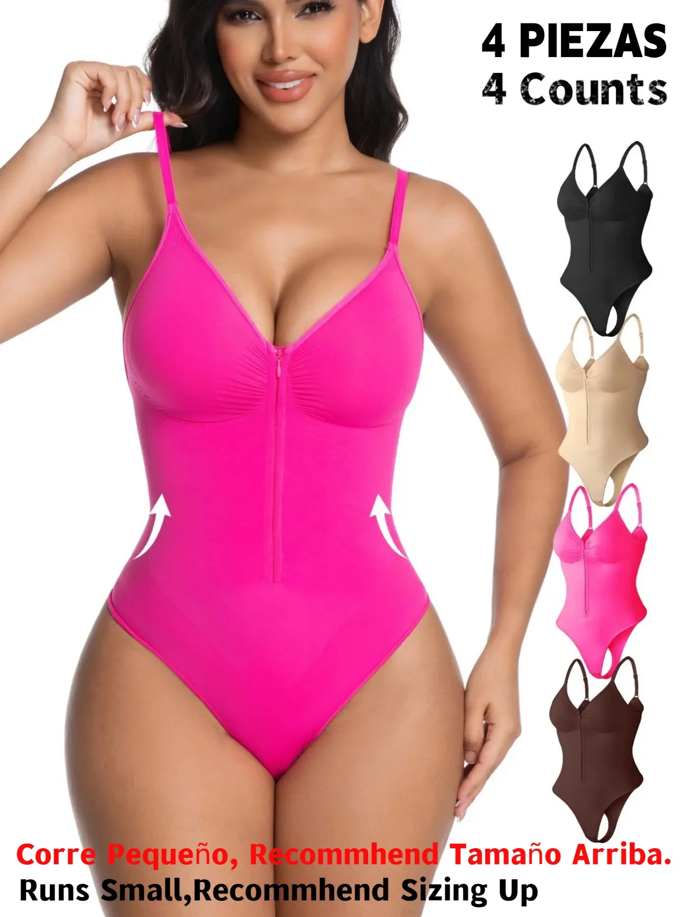 Women's Seamless Shapewear Bodysuit, Front Zipper Design, Tummy Control Thong Style, All Seasons Wearable, Comfortable Fit