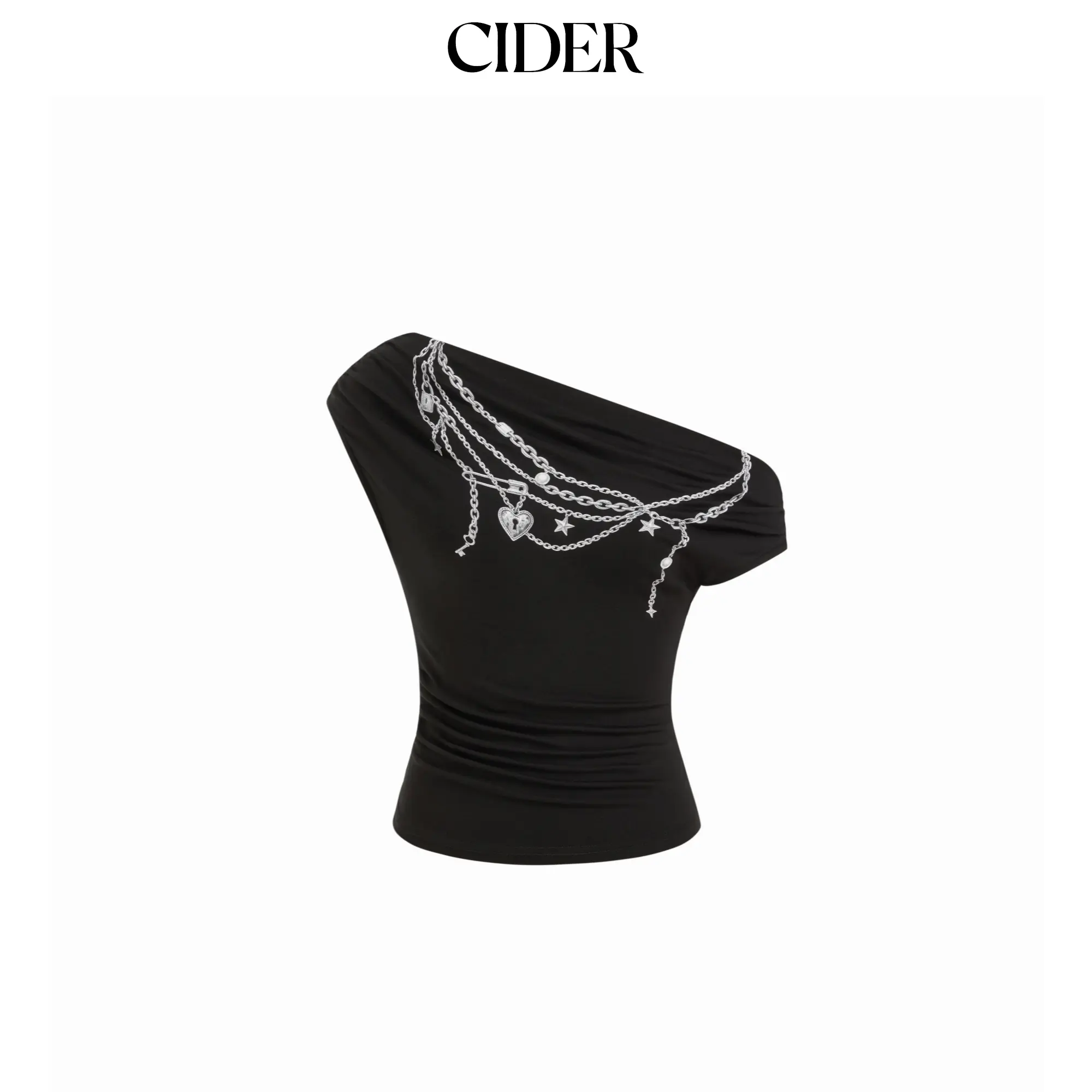 Cider Chain Graphic Asymmetrical Neck Cropped Tee