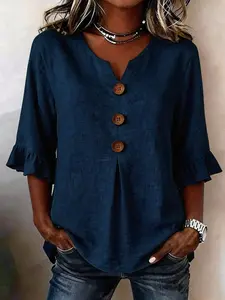Summer French Lazy V-Neck T-Shirt, Three Quarter Sleeves, Ruffle Hem, Large Buttons, Loose Fit, Conceals Belly Fat, Casual Office Wear