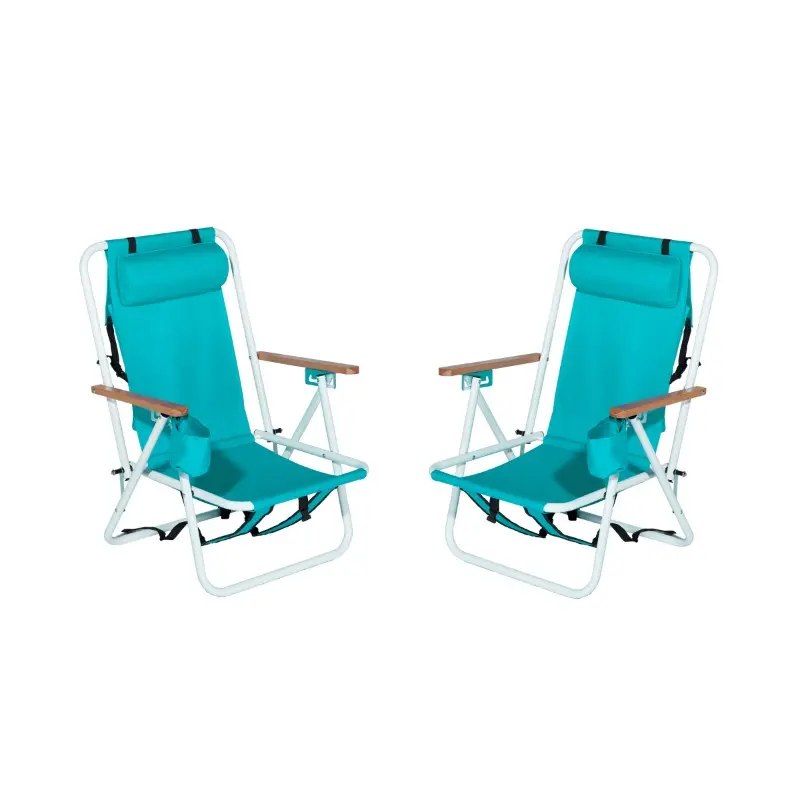 Folding Beach Chair Set of 2 for Adults, 4 Position Portable Backpack Foldable Camping Chair with Headrest Cup Holder And Wooden Armrests, Green
