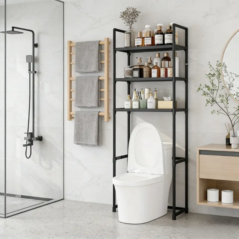 Modern black three-layer toilet above bathroom storage rack - Elevated toilet rack. Bathroom bathware storage rack, Bathroom Organizing Accessories. Space-saving design, durable material, easy to assemble, ideal choice for small bathrooms.