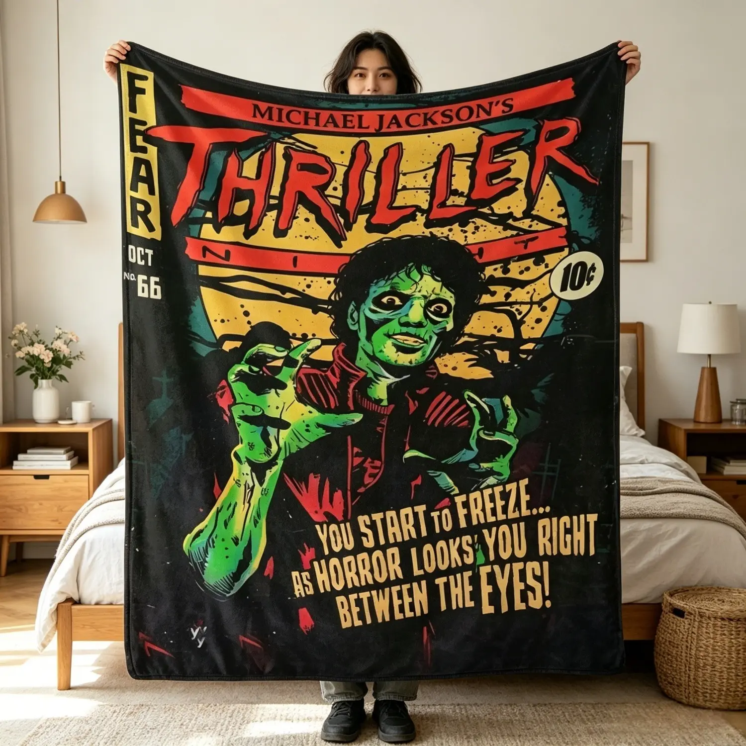 Michael Jackson Thriller Comic Flannel Home Throw - Retro Horror Movie Design with Iconic Art, Ultra-Soft Cozy Warm, Halloween Graphic for Room Decor, Movie Nights & Unique Gifts for Music Fans, Horror Movie Blankets
