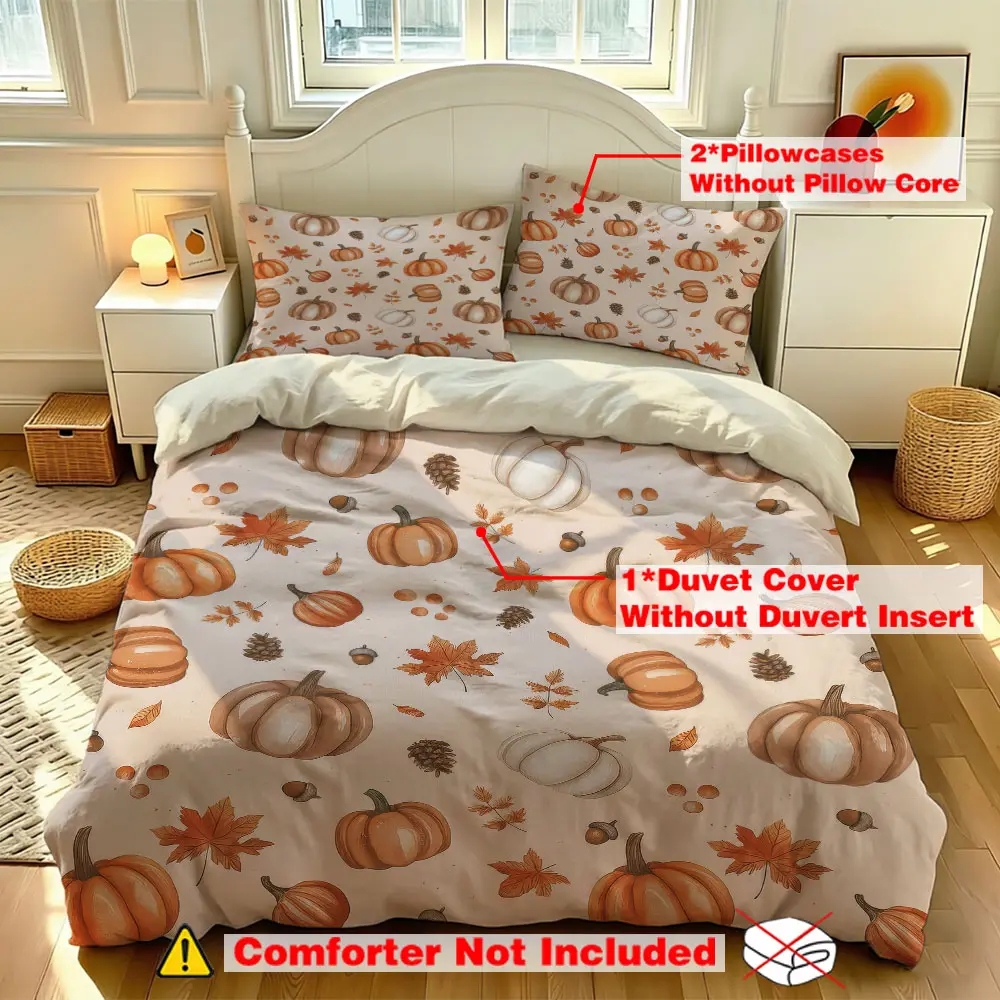A three-piece set, Printed bedding set, 1 bedspread + 2 pillowcases, without a filling, featuring a pumpkin and maple leaf autumn-themed design. This comfortable bedding set is suitable for use in all rooms and throughout the year