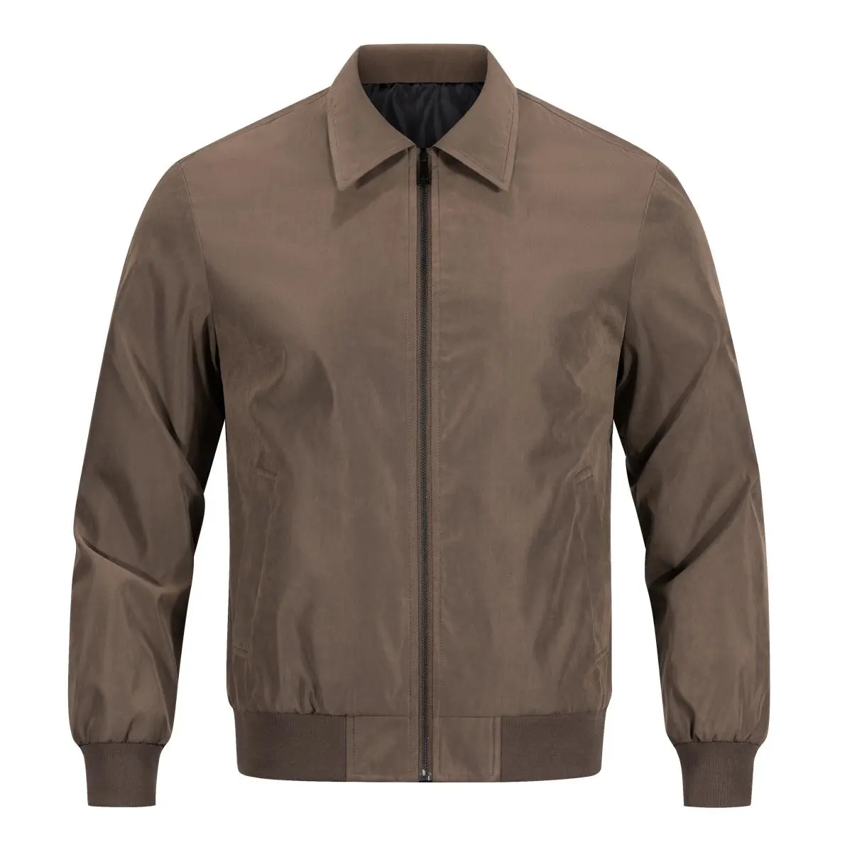 Menswear Men's Long Sleeve Lapel Collar Bomber Jacket - Plain Solid Brown Full Zip Lightweight Harrington Coat, Ribbed Hem & Cuffs, Windproof Business Casual Daily Tops Outerwear