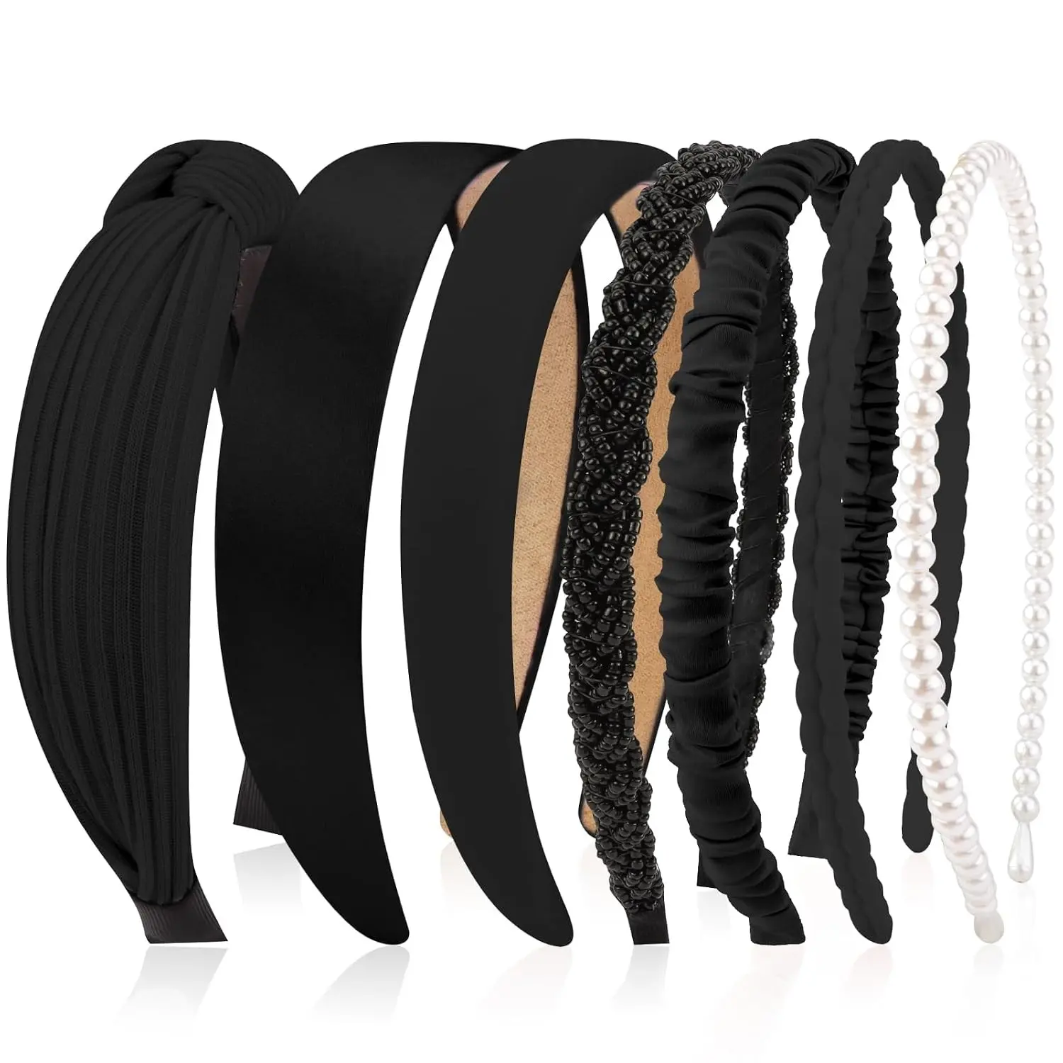 Headbands for Women 7 Pcs Different Black Fashion Knotted Solid Head Bands Pearl Headband Non Slip Hair Band for Womens Gilrs Thin Thick Short Hair Face Wash Hair Accessories
