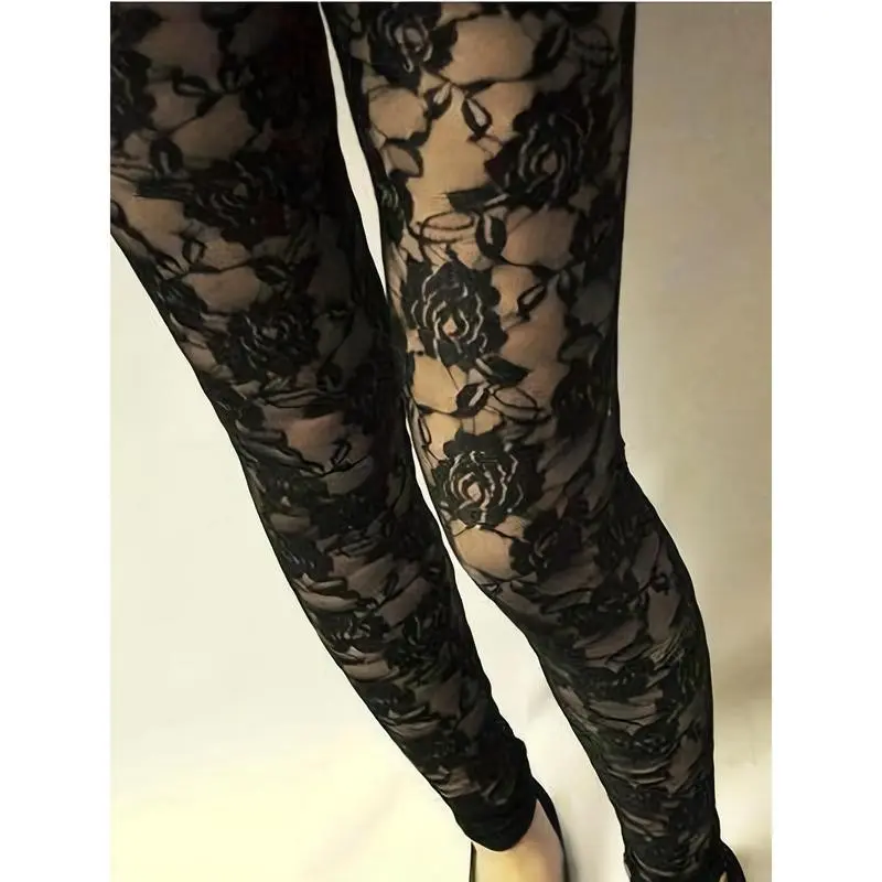 Chic Summer Floral Lace Sheer Leggings for Women - High Waist, Slim Fit with Elastic Band, Breathable Polyester