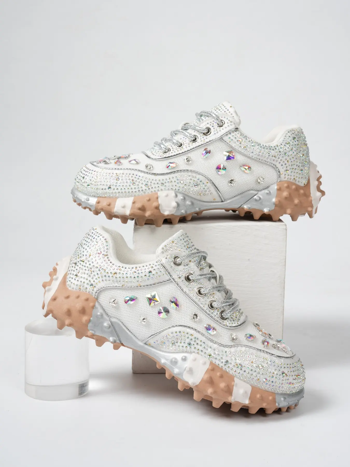 Luxury Glitter Full Rhinestone Patchwork Sneakers, Irregular Colorful Rhinestones, Anti-Slip Thick Sole, Party Shoes for Women, Thick Soled Shoes