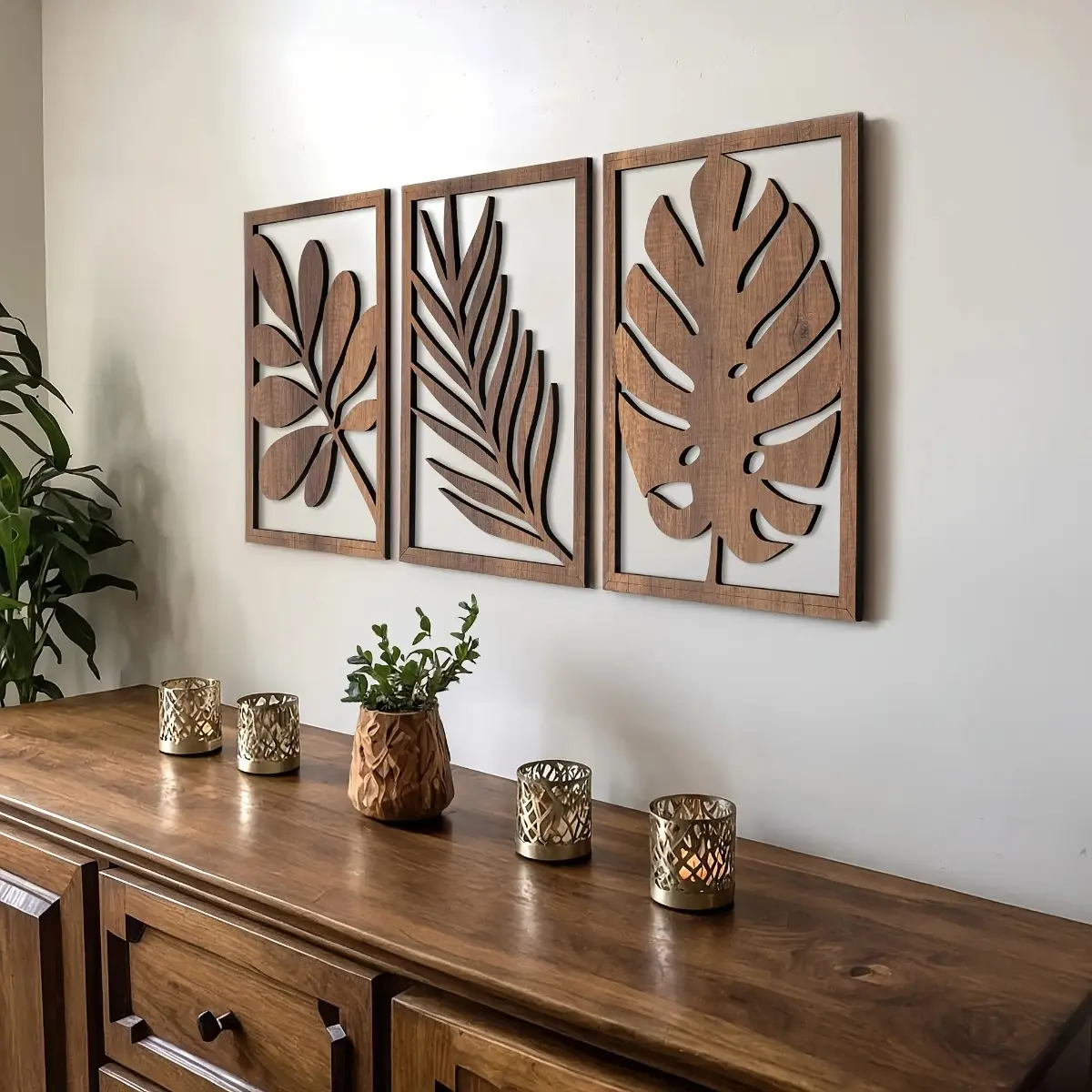 Bohemian 3-Piece Wooden Wall Art Decoration Set, Rustic Tropical Leaf Plant Plaques with Lightweight Wall-Mount Panels for Living Room Decor, Bedroom Decor
