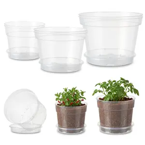 6 Pack Clear Nursery Plant Pots with Saucers, 6/8/10 Inch Thickened Plastic Planter Pots with Drainage Holes, Transparent Seed Starter Pots for Indoor Outdoor Gardening