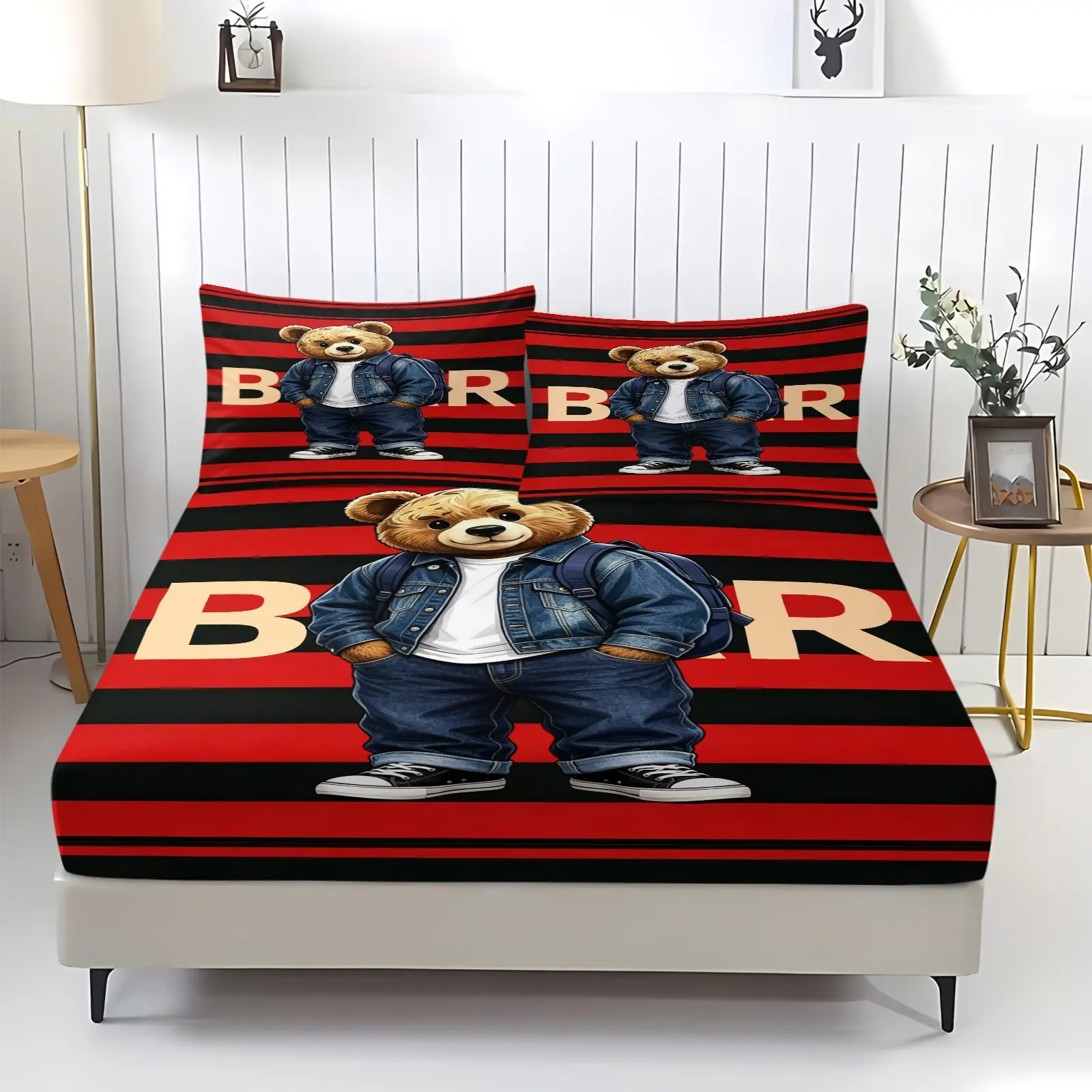 Trendy and cool teddy bear printed pattern bed sheet, Bedsheet Sets including 1 bed sheet and 2 pillowcases, anti slip and dustproof cover suitable for bedrooms and guest rooms, suitable for personal use or gift giving