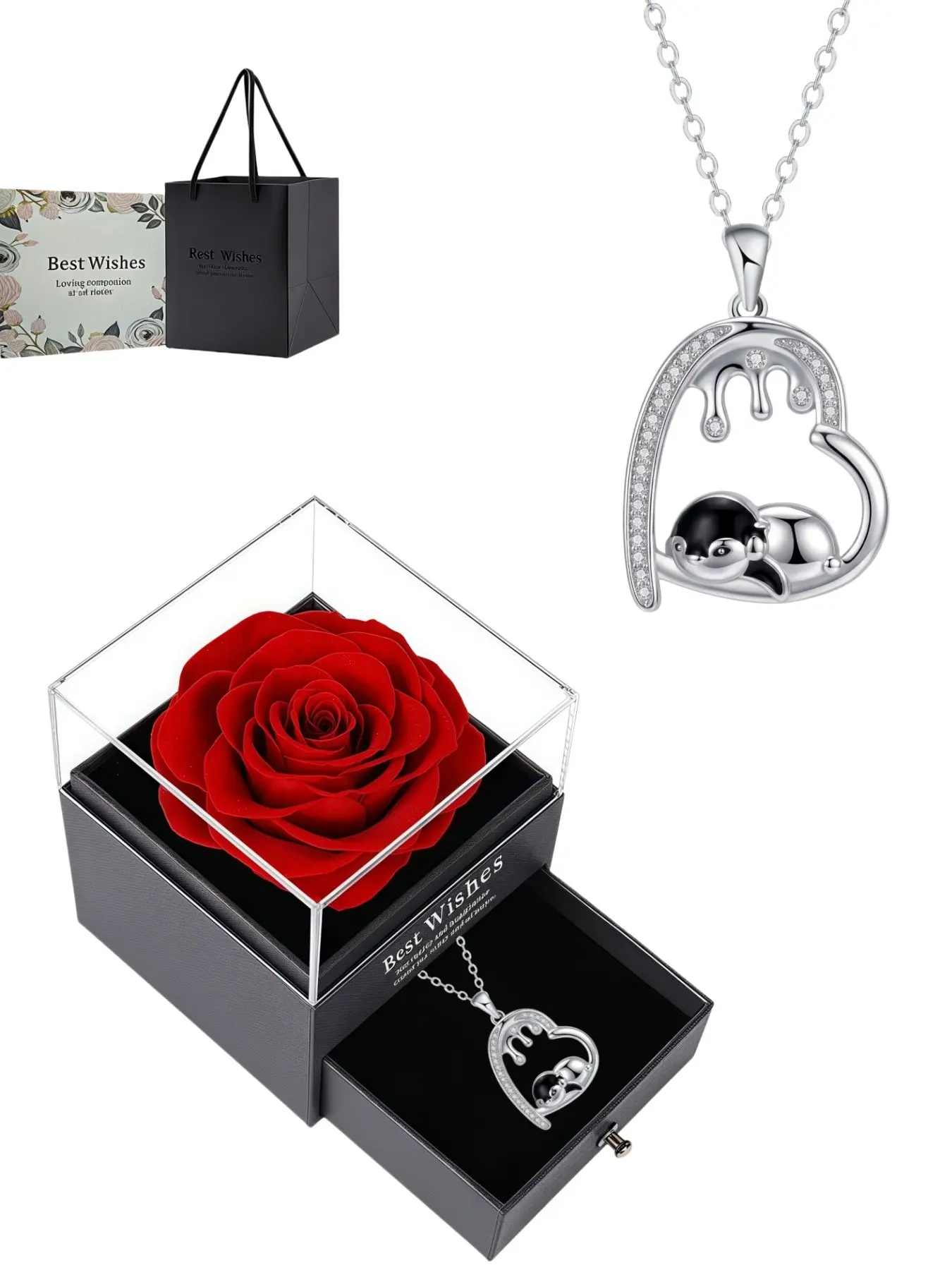 Penguin Sweetheart Heart-shaped penguin necklace with premium zircon pendant, fade-proof titanium steel clavicle chain. Packed in preserved rose jewelry box. Ideal birthday gifts for daughter and best friend, Valentine's and Christmas presents.