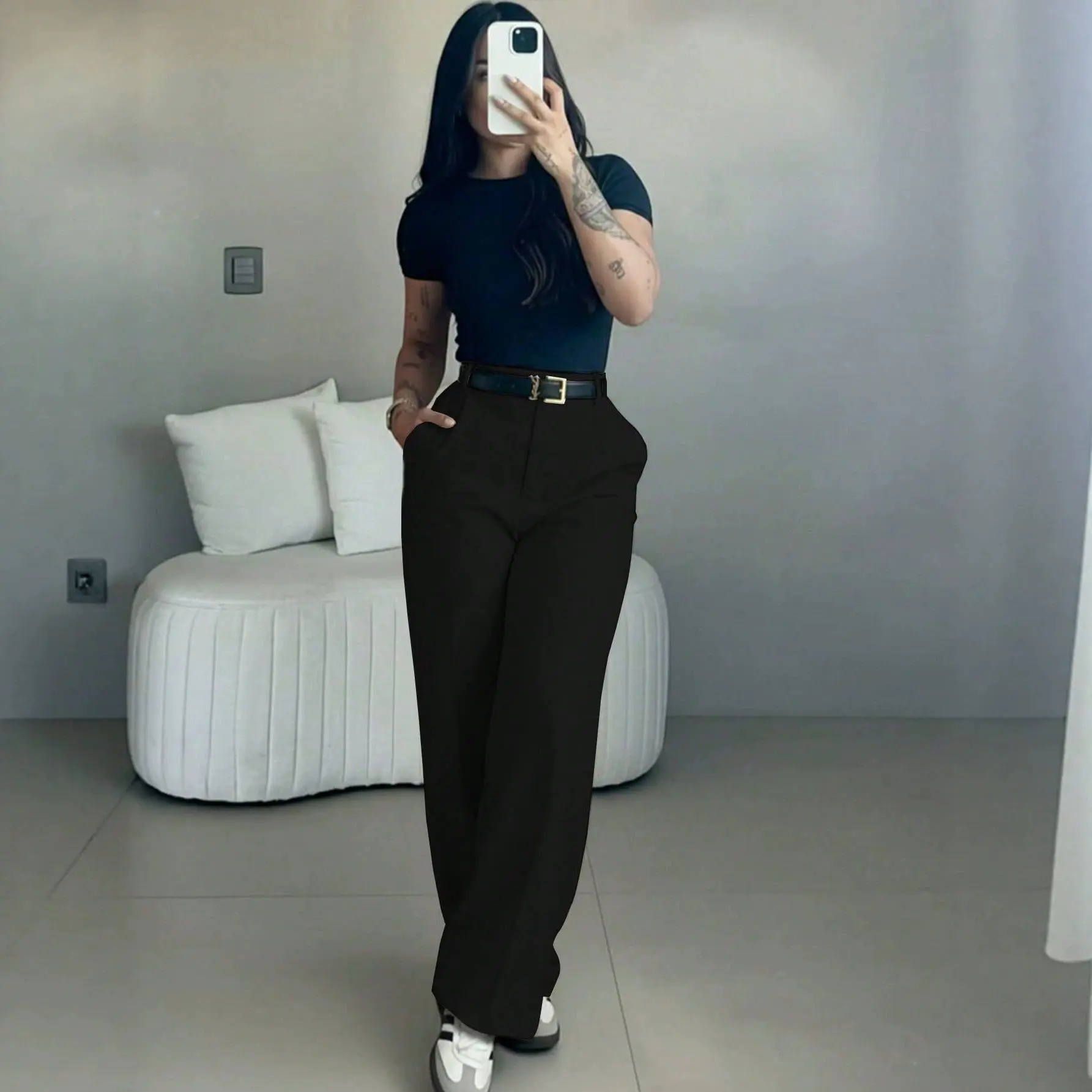 Women's High-Waisted Suit Pants, Loose Straight Leg, Flowy Drape Long Trousers, Versatile Daily Wear, Casual, Office Style, Slimming Effect