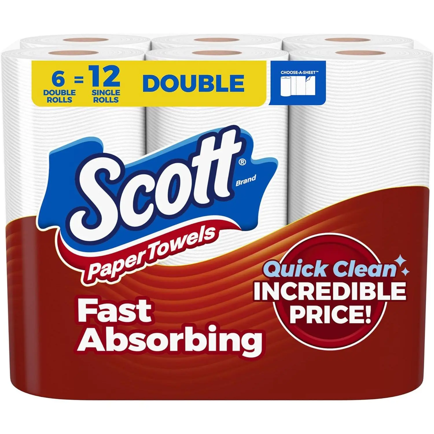 Scott Paper Towels, Choose-A-Sheet, 6 Double Rolls = 12 Regular Rolls (108 Sheets Per Roll)
