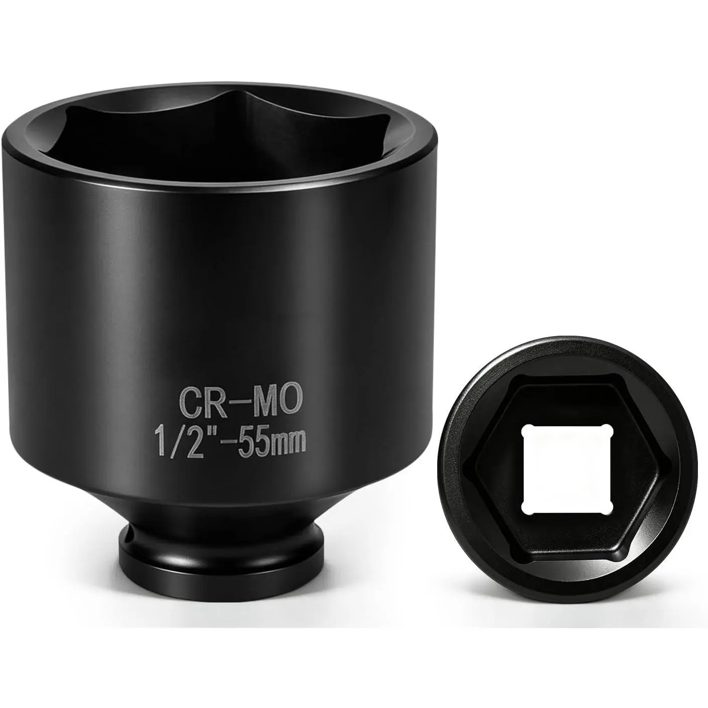 1/2" Drive 55mm Deep Impact Socket, 6-Point CR-MO Steel, Black Oxide Finish, 80mm Long, Metric Axle Nut Socket for Auto Repair & Mechanics
