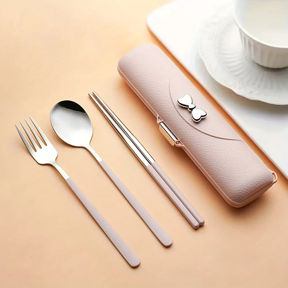 Butterfly Bow Design Portable Cutlery Set, Including Spoon, Fork, Chopsticks & Storage Box, Outdoor Tableware for Camping & Hiking