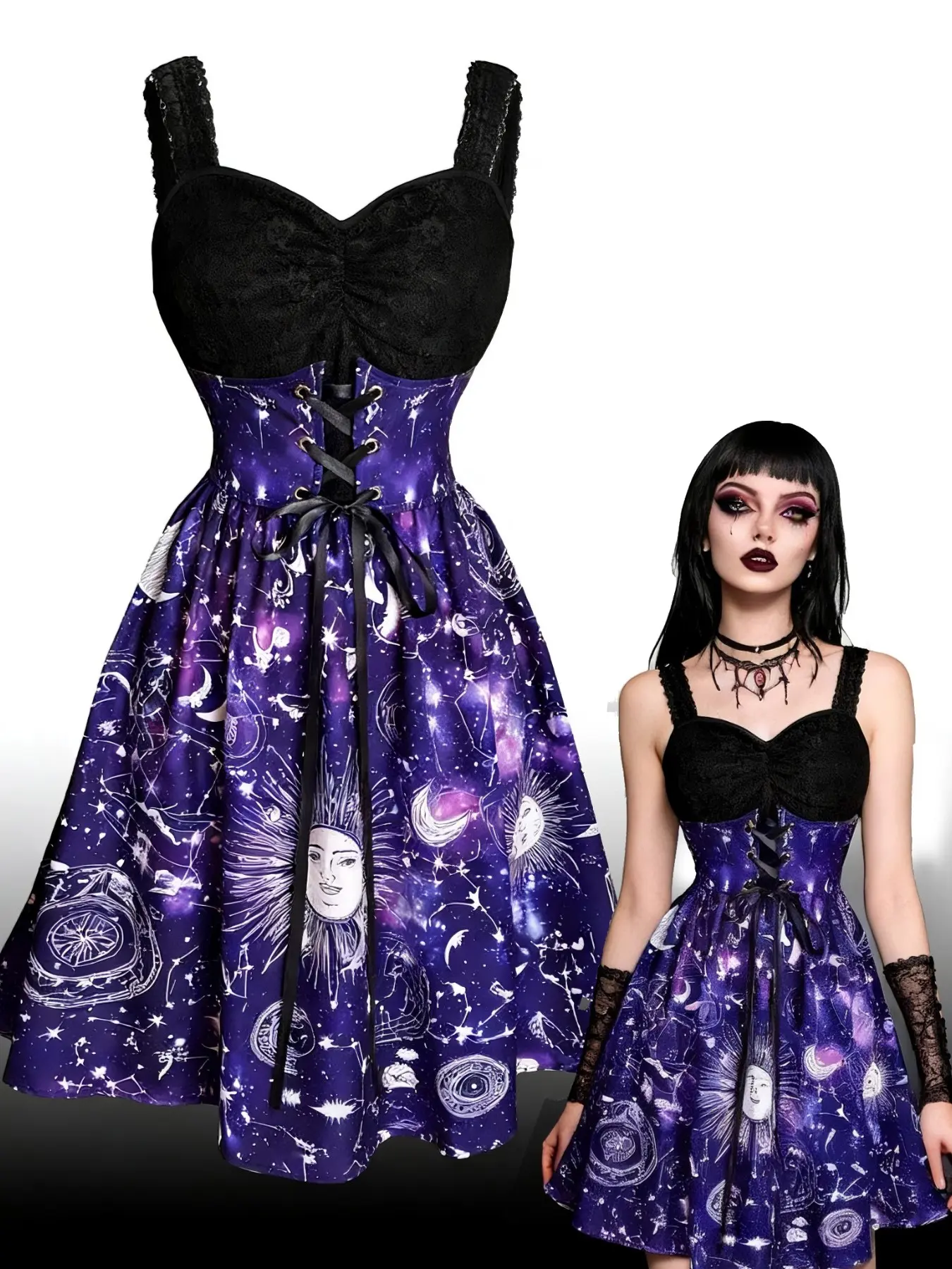 Gothic Mystery Starry Print Patchwork Lace Dress, Women's Elegant Lace Overlay Starry Print Dress, Unique Fashion Statement, Vibe