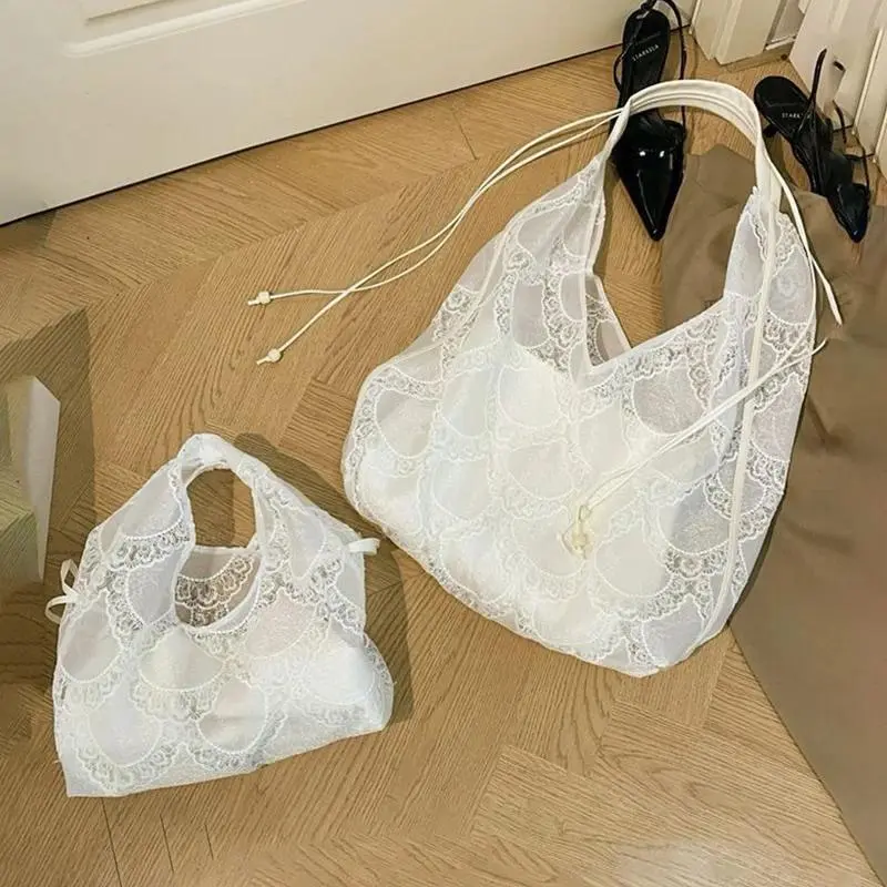 Balletcore French Romantic Pearl Sheer Lace Tote Handbag Women Large Capacity Casual Shoulder Bag Underarm Bag Hobo Vacation Bag