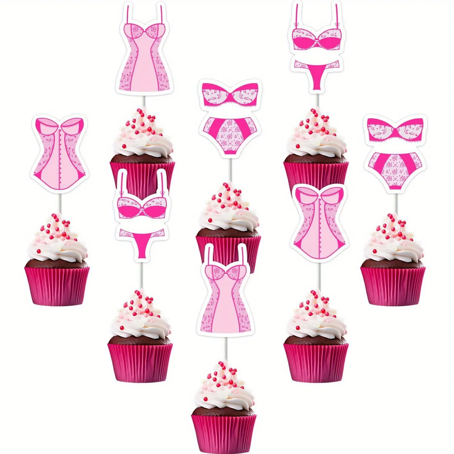 Women's 24pcs Premium Acrylic Reusable Hot Pink Lingerie Cupcake Toppers - Easy-to-Clean Cake Decor Set for Bachelorette, Bridal Shower Party Supplies
