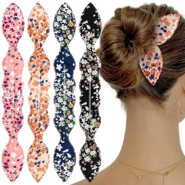 Women’s Fabric + Metal 4-Pcs Quick Twist Hair Bun Maker Assorted Set - Flexible Lazy Hair Buns Accessory, Rabbit Ears Bunny Earbands, Floral Hairbands & Scrunchies for Prom, Christmas