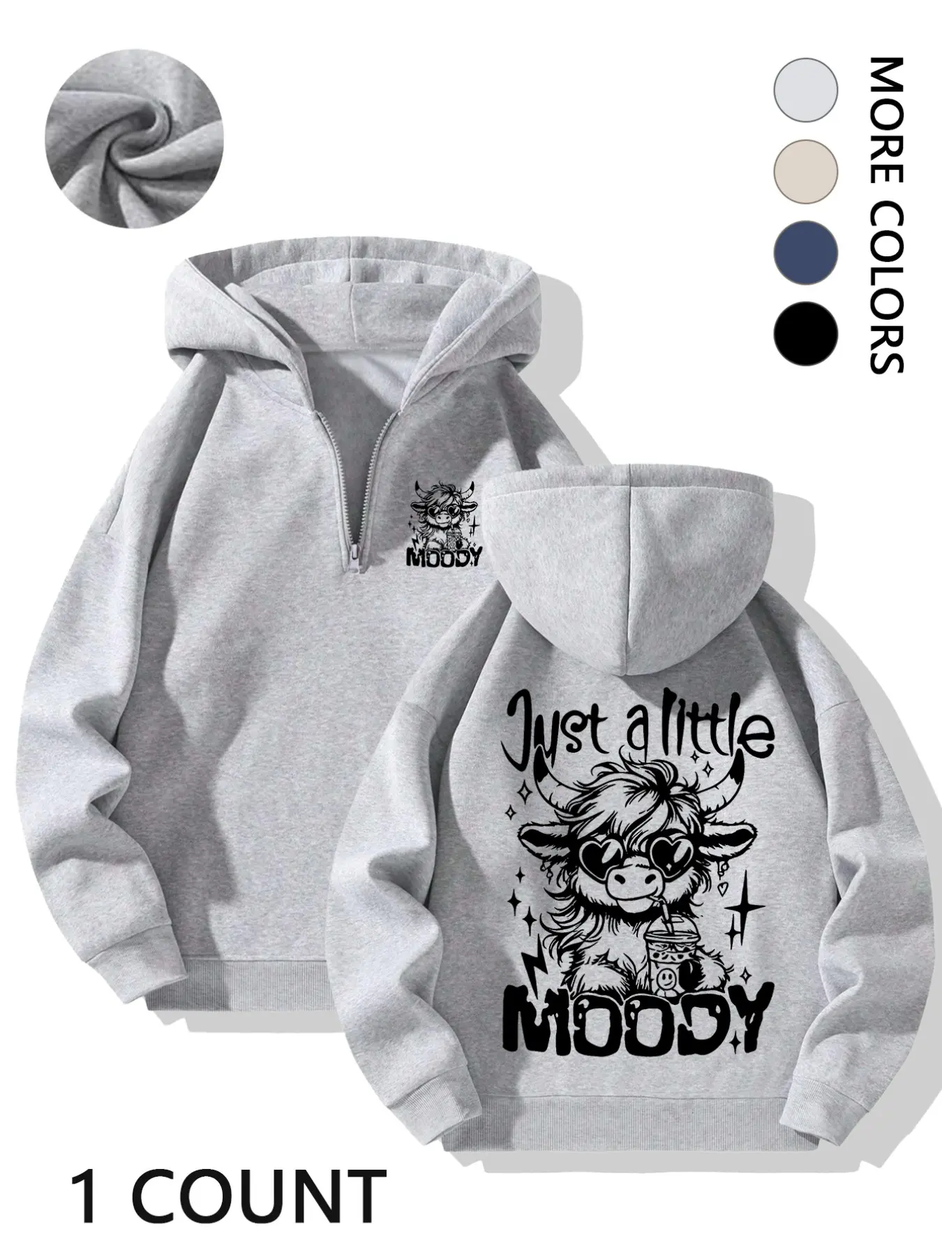 Women Just A Little Moody Highland Cow Graphic Quarter Zip Hoodie, Cute Cartoon Animal Print Oversized Half‑Zip Pullover Sweatshirt, Casual Retro Streetwear Hooded Top for Daily Campus Fall Outfit