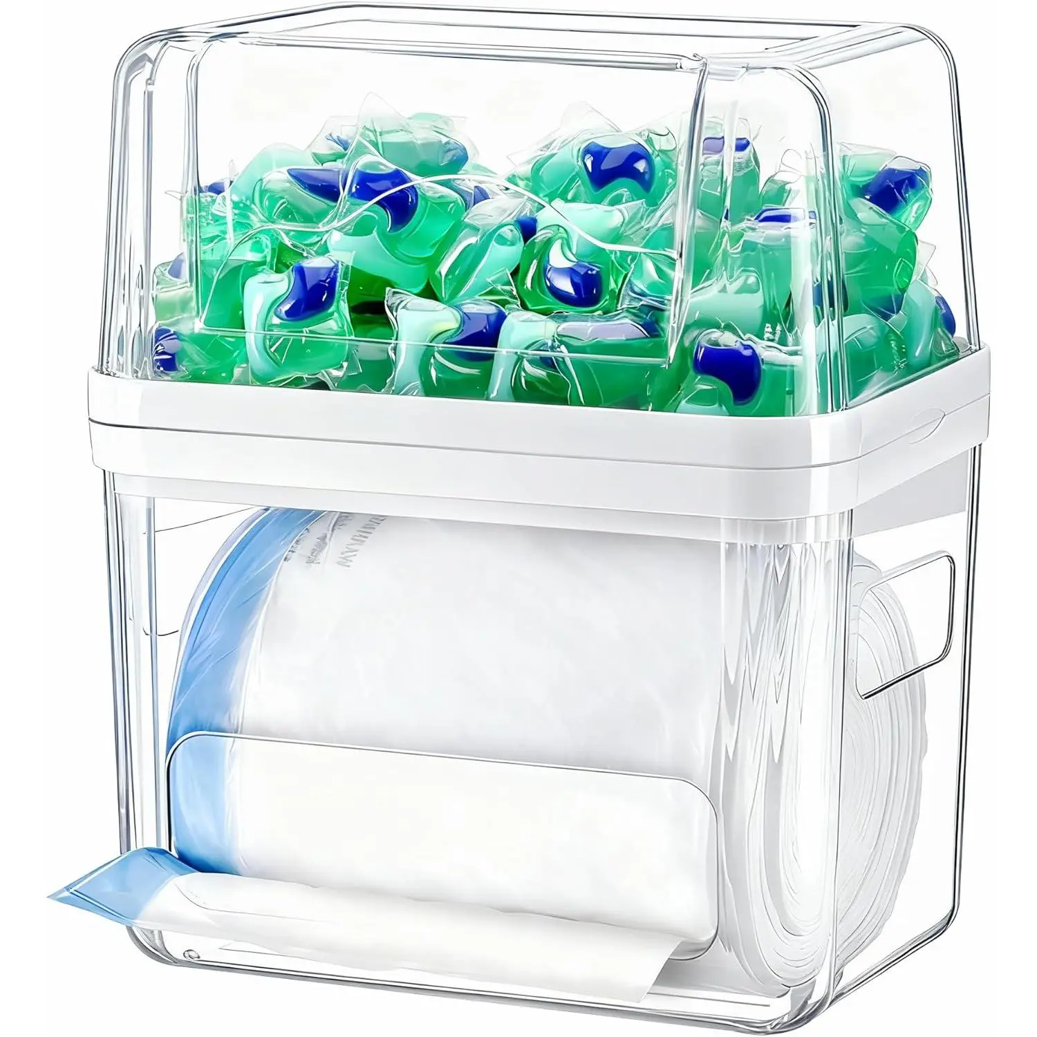 Trash Bag Dispenser and Dishwasher Pod Organizer, 3 in 1 Dish Pod and Trash Bag Holder Large Garbage Bag Dispenser, Laundry Detergent Pods & Tabs Container Kitchen Under Sink Organizer