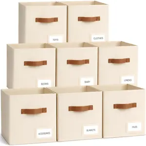 Collapsible 8-Pack 11-Inch Fabric Storage Cubes Organizer Bins with Labels, Odor-Free Sturdy PP Structure, Cubby Baskets for Pet Supplies, Closet (Beige)