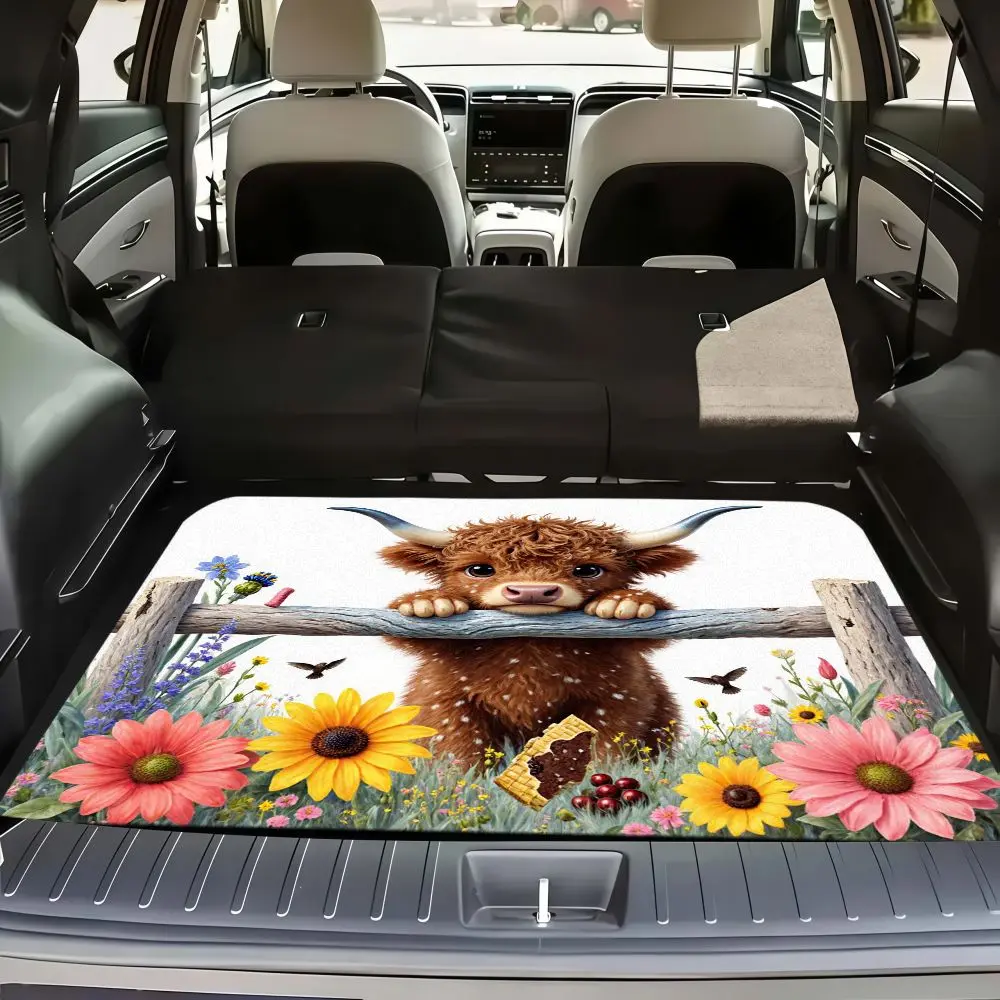 1pc Cute Highland Cow Calf Trunk Mat, Rubber Car Mats, Cute Car Accessories - Decorative Mat Featuring a Fluffy Calf with Large Horns Surrounded by Vibrant and Playful Elements. Perfect for Adding a Touch to Your Vehicle's Trunk. Ideal for Travel, Picnics