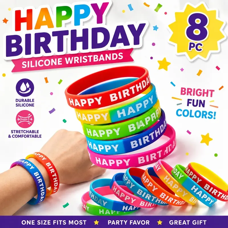 Rainbow Gradient Happy Birthday Silicone Bracelets, Kids Birthday Wrist Jewelry, Cute Party Giveaways Meet Exchange Gift for Boys Girls, Beautiful Bracelets