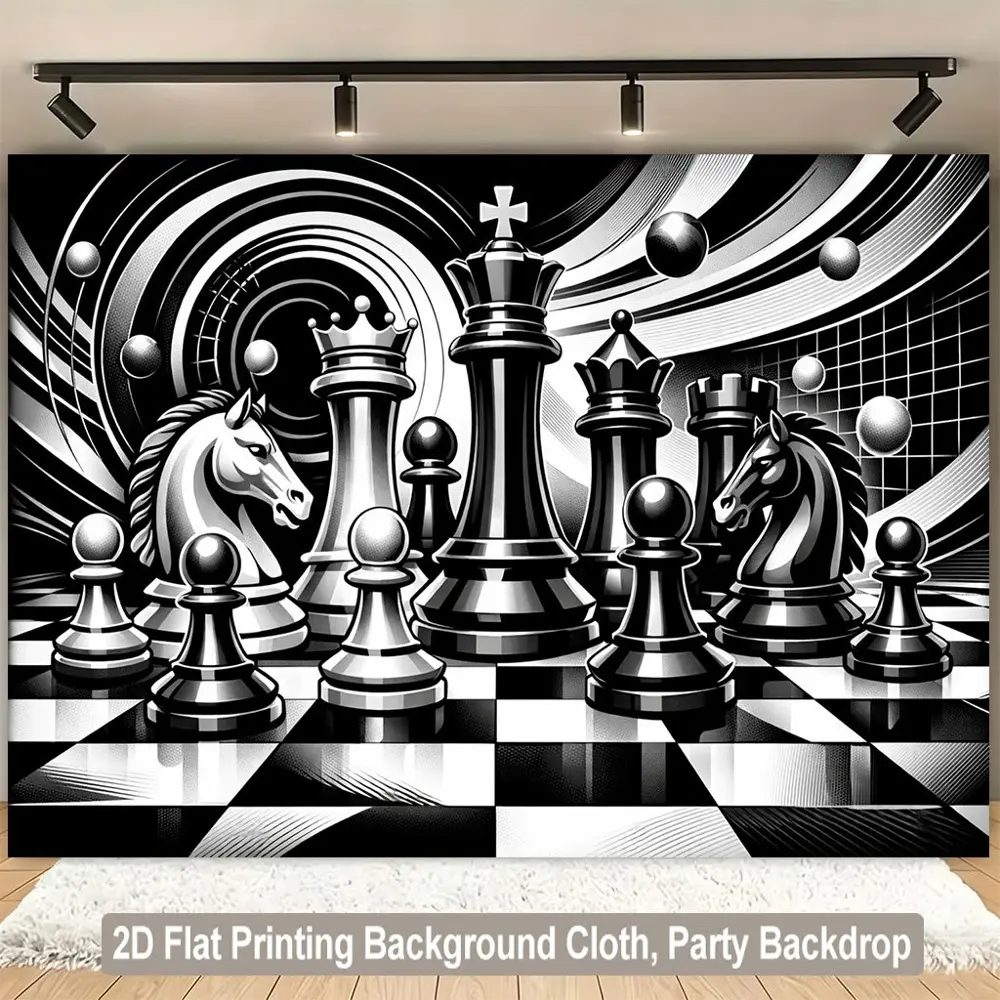 2D Flat Banner Black and white chess theme HD digitally printed polyester photography backdrop, soft lightweight foldable background cloth, suitable for product photos, portrait shooting, video studio recording, livestream backgro