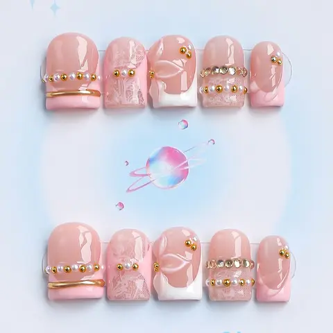 Nailssbysheccid, 10pcs press-on nails, square shape, 100% handmade, simple style, French Tip Nails, 3D, Decorative Nails, suitable for family dinners, dates, weddings, comes with jelly glue, crystal sticks and twisting rods