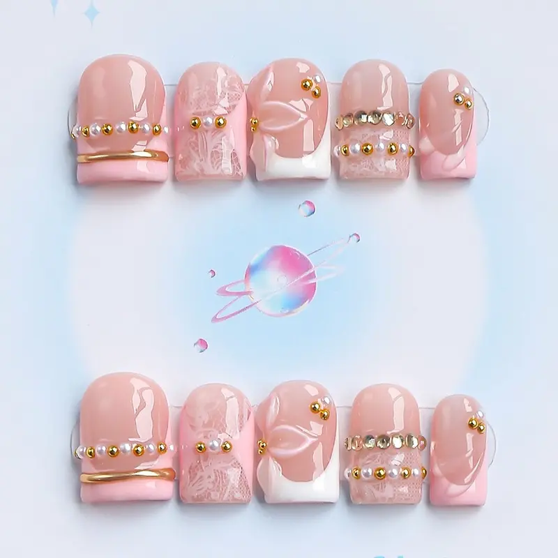 Nailssbysheccid, 10pcs press-on nails, square shape, 100% handmade, simple style, French Tip Nails, 3D, Decorative Nails, suitable for family dinners, dates, weddings, comes with jelly glue, crystal sticks and twisting rods