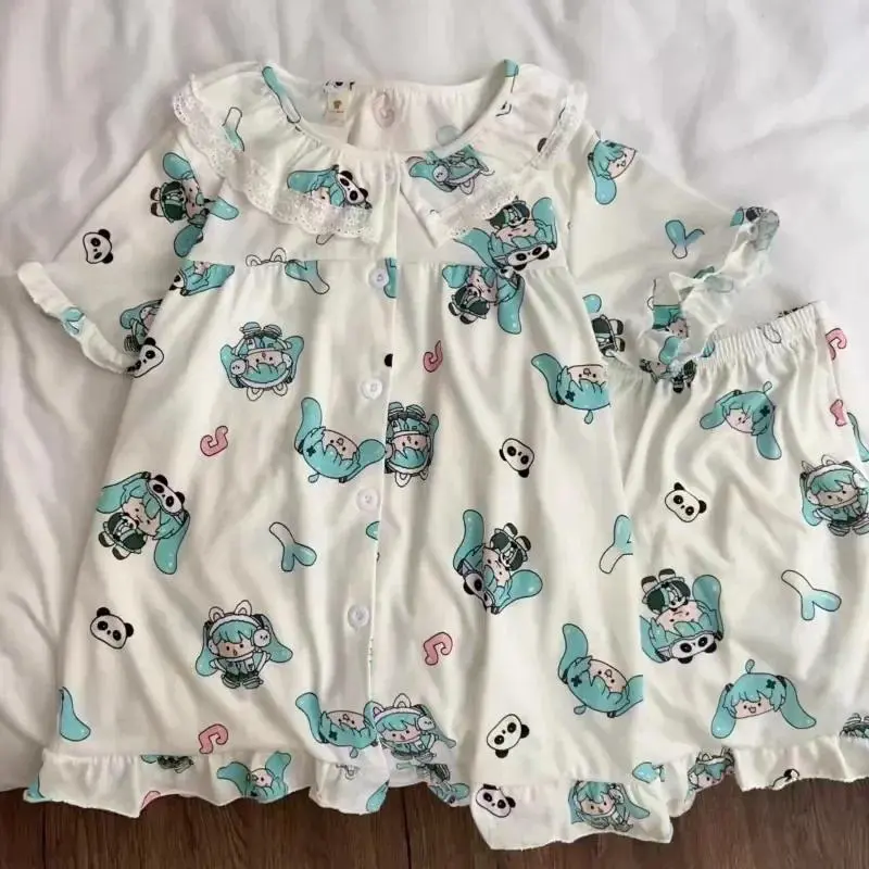 Women's Kawaii Hatsune Miku Panda Short-Sleeve Pajama Set, Summer Japanese Cartoon Lace Soft Loungewear Nightwear Trouser Home Suit