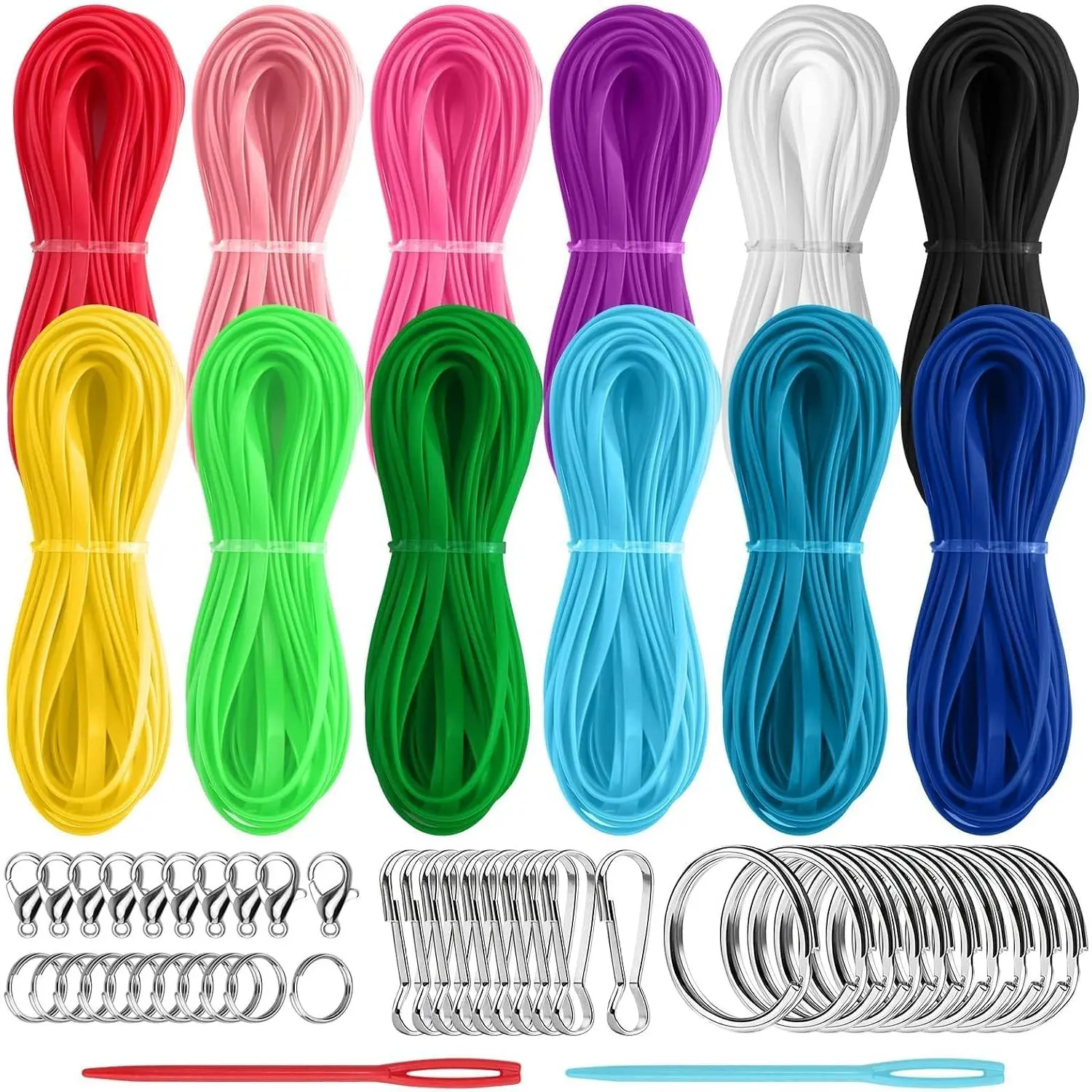 Emact 12 Solid Color Plastic Lanyard String Kit, 48 count Hardware & 2  for Bracelet Weaving,  Craft,  Making, Friendship DIY Supplies, Gimp String Boondoggle Lacing Cord