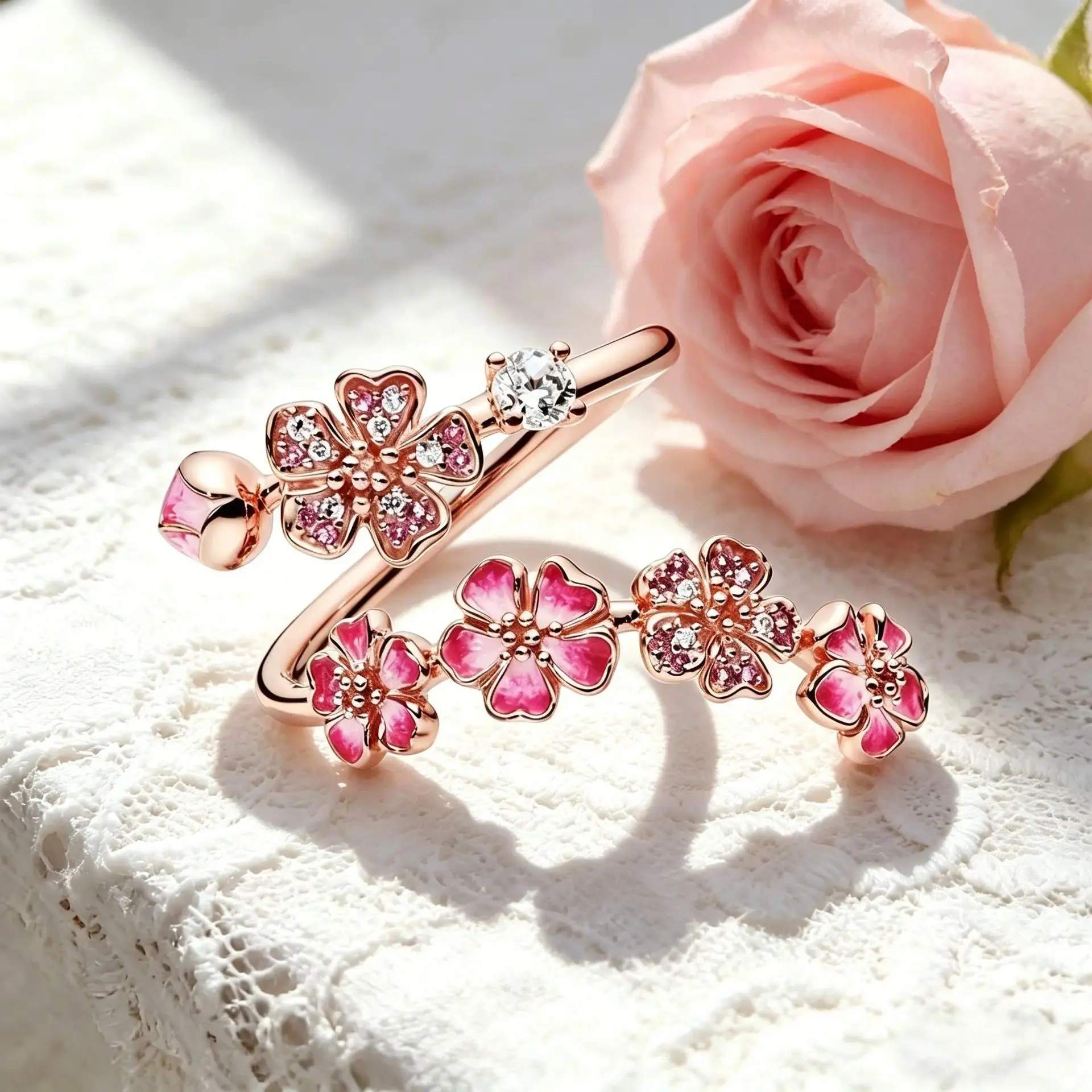 Elegant Rose Gold Peach Blossom Beaded Ring for Women, Exquisite Floral Densely Inlaid Crystal Statement Ring, Trendy Light Luxury Niche Design Jewelry, Minimalist Fashion Finger Ring Accessory for Daily Wear, Party, Date Night & Gift for Her