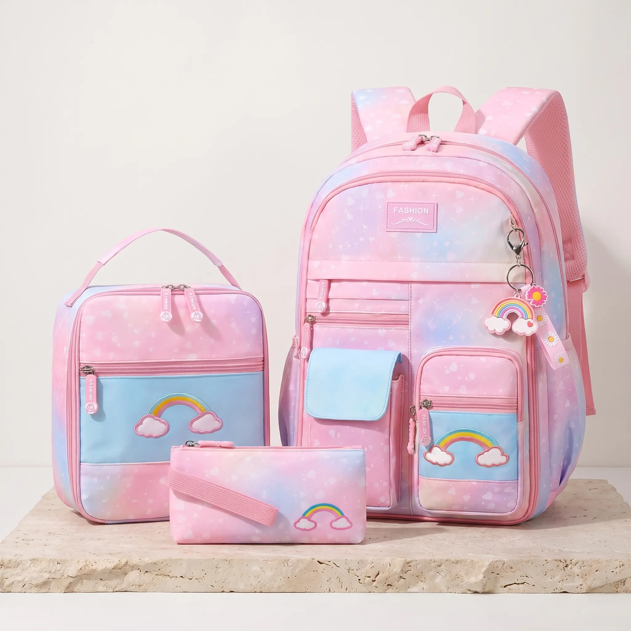Cute Rainbow Backpack Set for Girls 3 Piece Combo Ultra Light School Bag Oxford Durable Wear Resistant Reflective Night Safety Curved Straps Easy Carry Trendy Cartoon Print