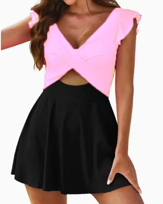 Popular One-Piece Swimsuit for Women with Ruffled Cross-Strap Skirt Tankini Design in Polyester Fiber with Chest Pads for Swimming and Wading Sports