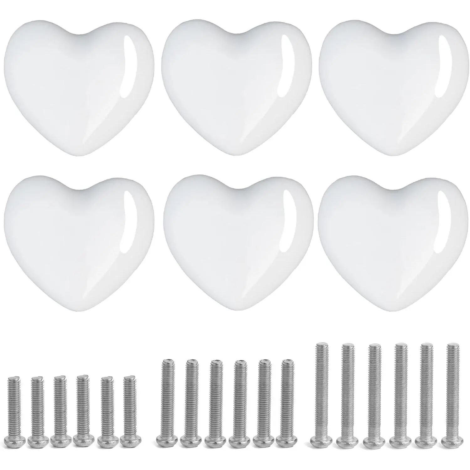 White Heart-Shape Drawer Knobs 6-Pack with 3-Sized Screws, Cabinet Dresser Pulls for Kitchen Furniture, Closet Cupboard Wardrobe