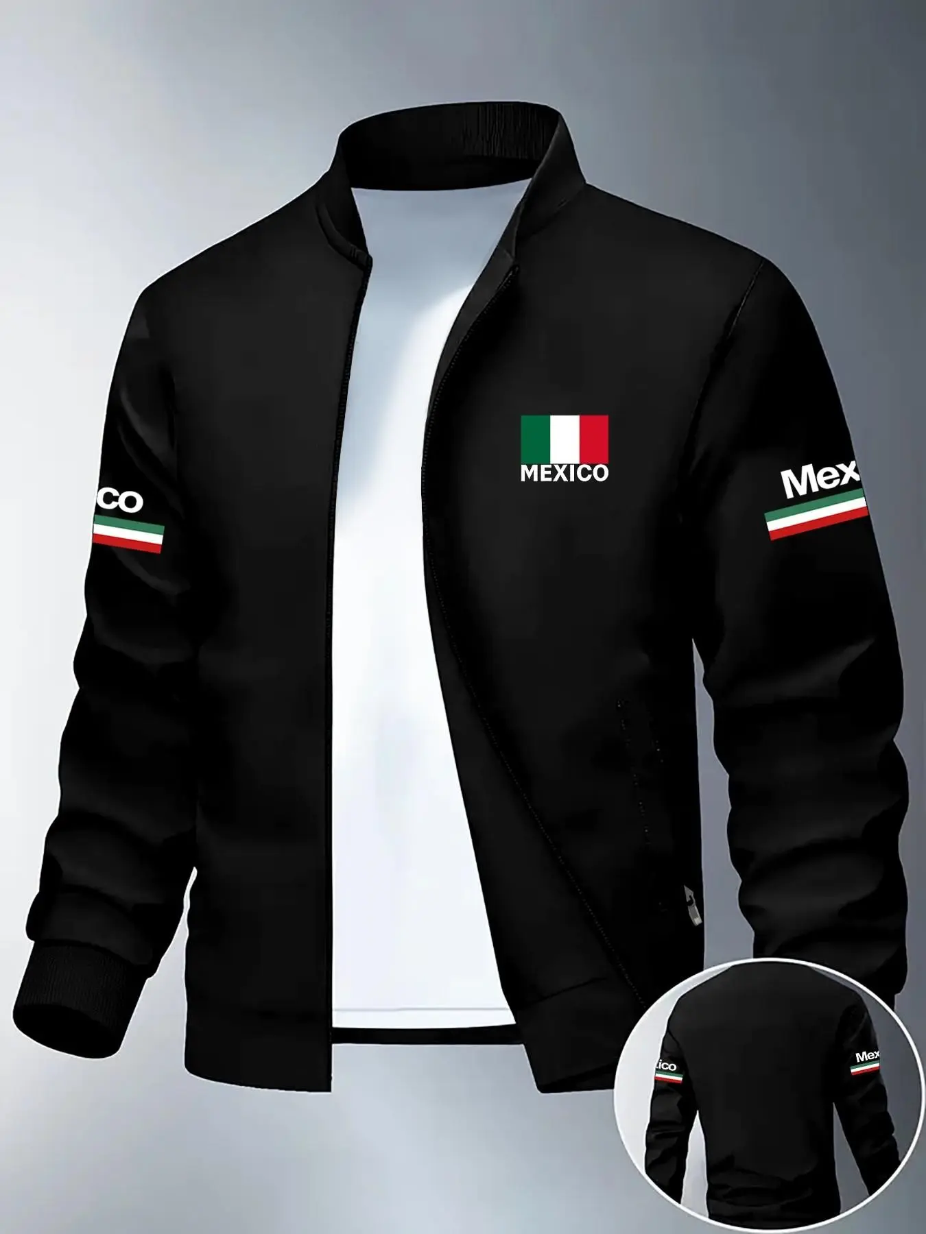 Men's Fall Winter Lightweight Long Sleeve Street Style Jacket, Mexico Print Letter Design, Fashion Zipper, Soft Fabric Polyester, Casual Outerwear for Teens and Adults, Everyday Jackets, Daily Wear Jackets
