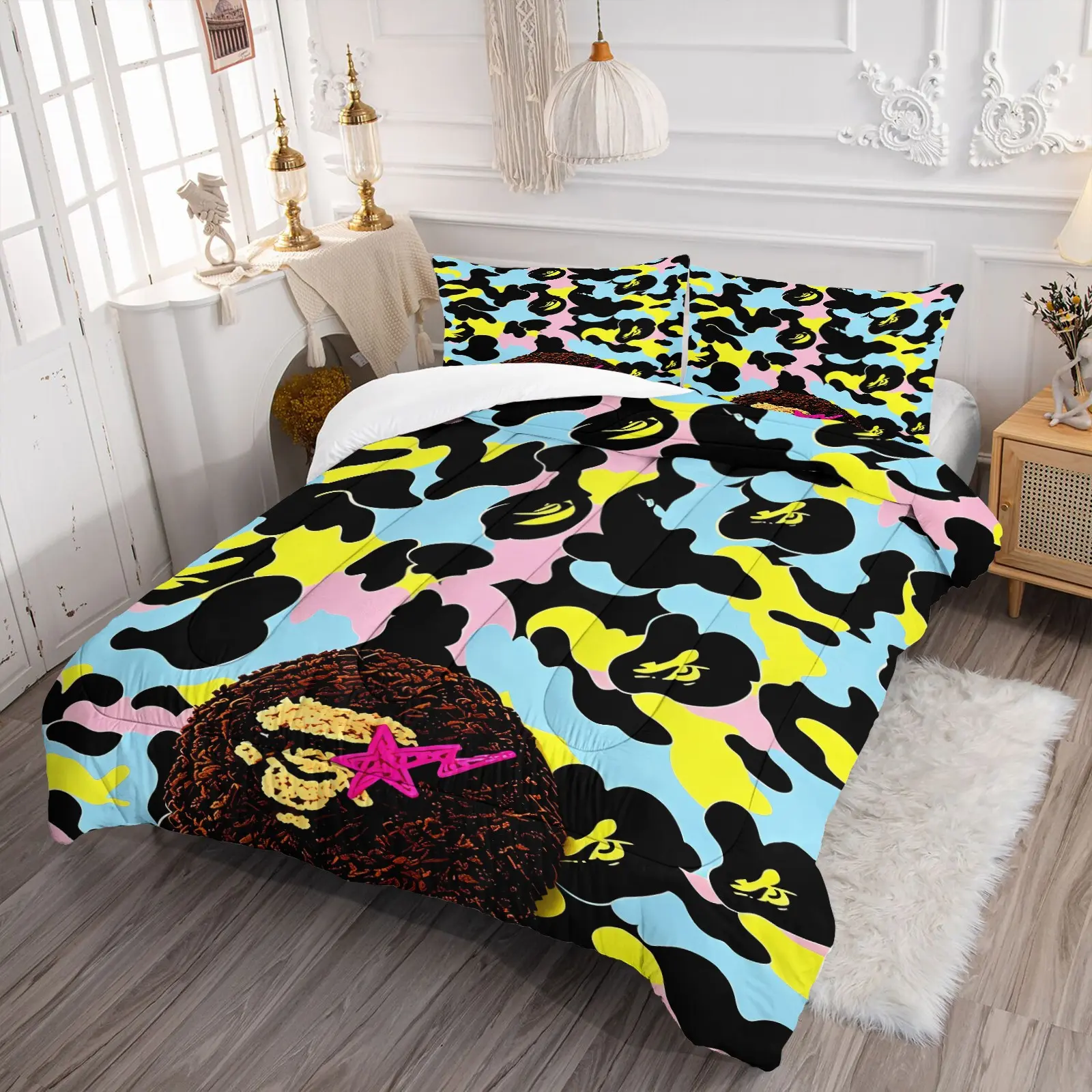 Macaron Color Block Camo Cartoon Ape Head Quilted Comforter Set, Include 1 Quilt Core and 1/2 Pillowcases, Blue Yellow Pink Multicolor Camouflage Print Fashion Personality Warm Bedding, Moderate Thickness, Soft and Skin-friendly