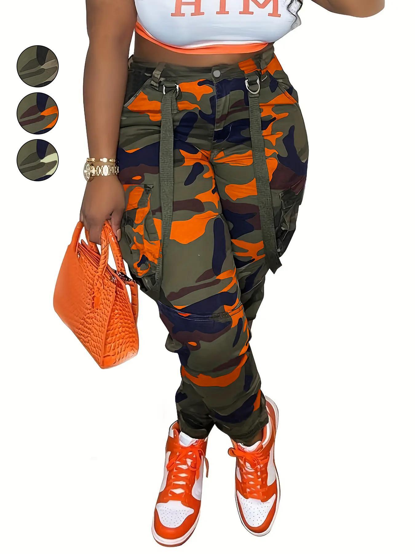 Women's Print Flap Pocket Cargo Pants, Casual Streetwear Button Trousers for Daily Wear, Ladies Bottoms for All Seasons, Casual Comfy Pocket