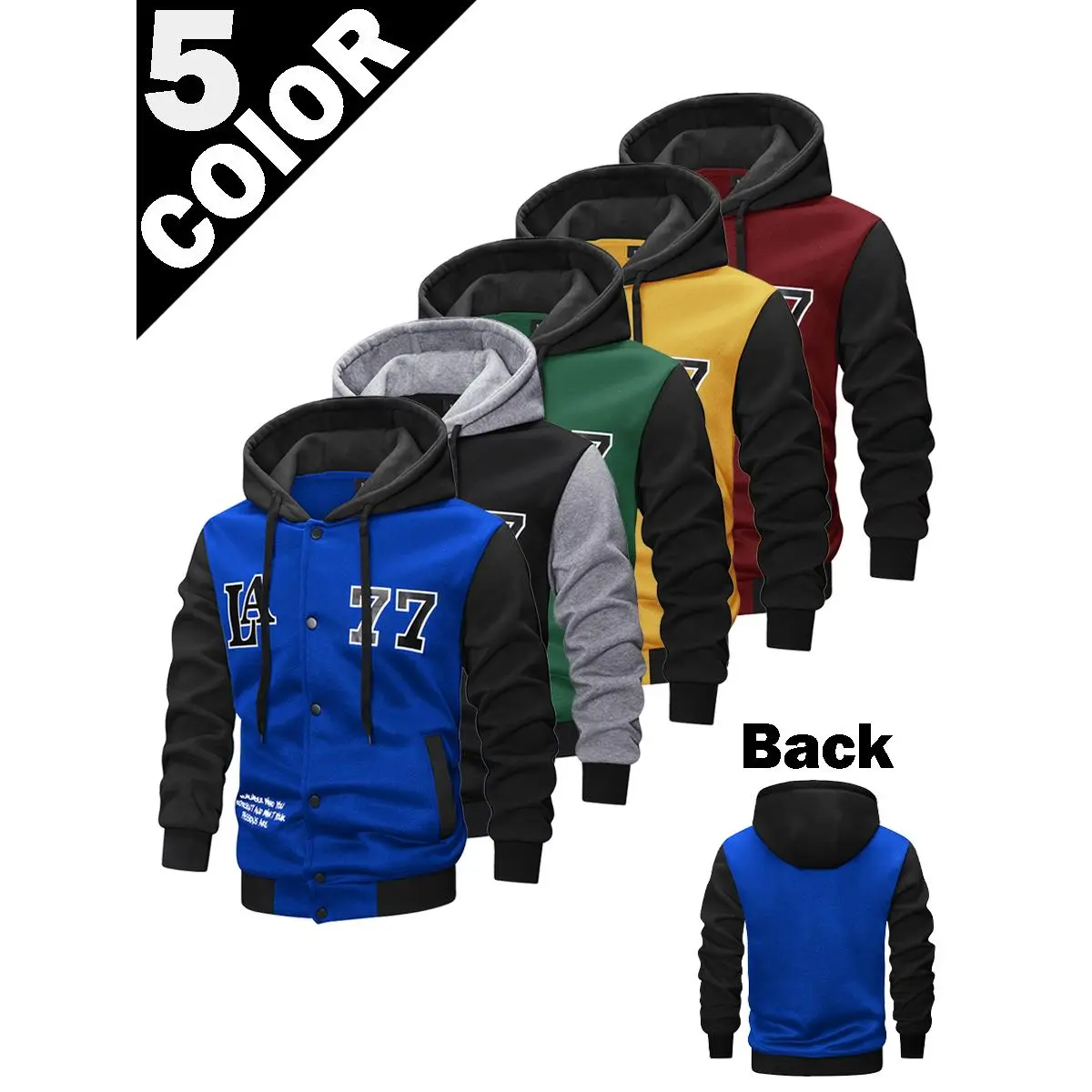 This stylish men’s hooded varsity jacket with classic LA 77 letter print is a must-have streetwear staple for daily outfits. It features color-block raglan sleeves, smooth soft fleece fabric, button front closure, side pockets and an attached drawstring h