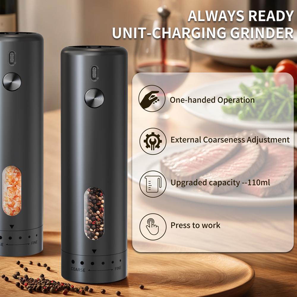 Electric Salt & Pepper Grinder Set, 1 Set Rechargeable Automatic Pepper Mill Grinder with LED Light, Modern Home Adjustable Coarseness Shakers, One-hand Operation for Kitchen