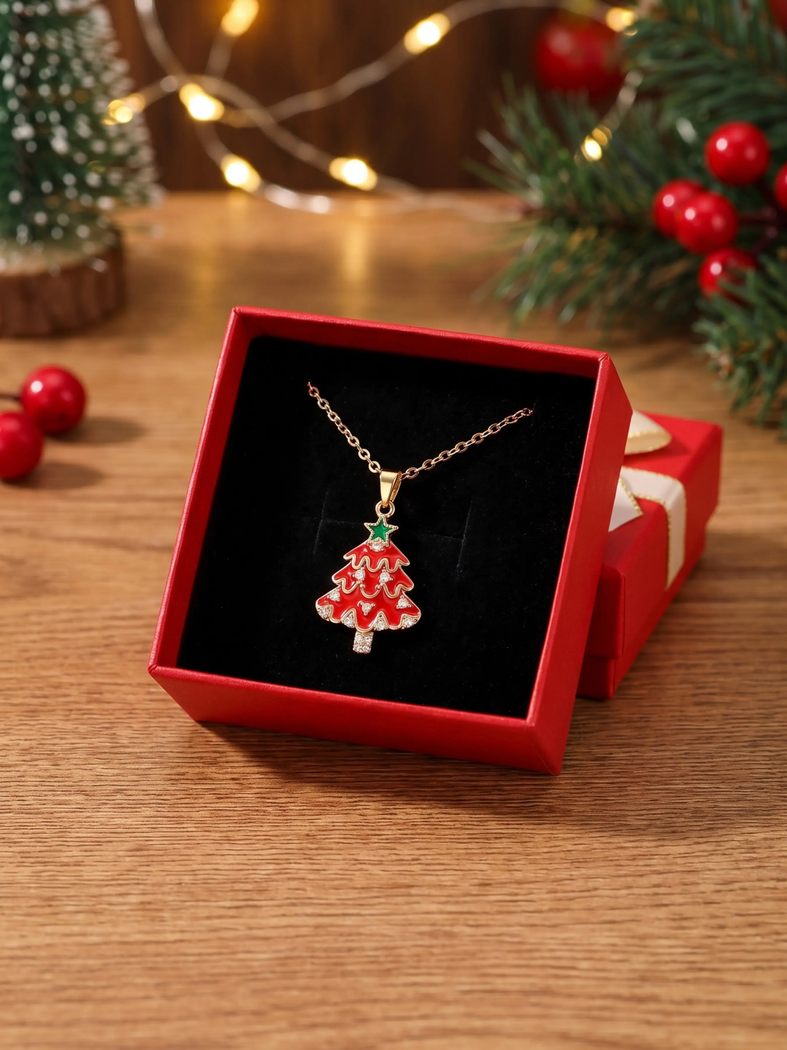 Enamel Christmas Tree Pendant Necklace for Women, Cubic Zirconia Inlaid Xmas Tree Charm, Holiday Party Jewelry, Christmas Gift