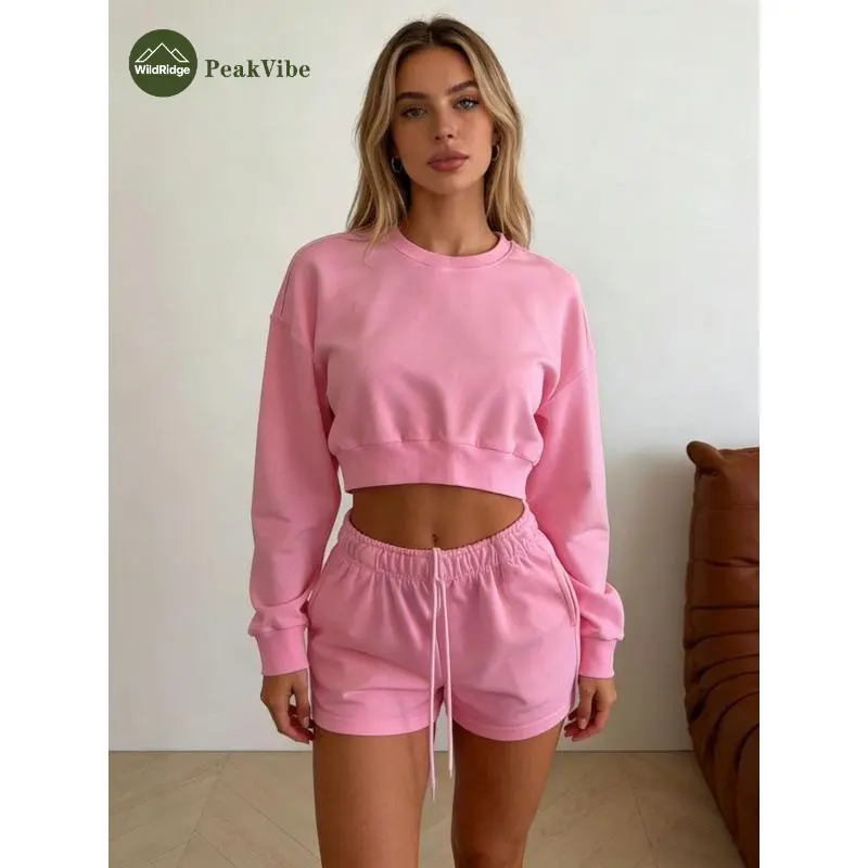 Hot-selling sweater set Women's round neck long-sleeved loose fashion sweater set Solid color simple versatile, Women's Clothes, 2 Piece Sets Casual Breathable